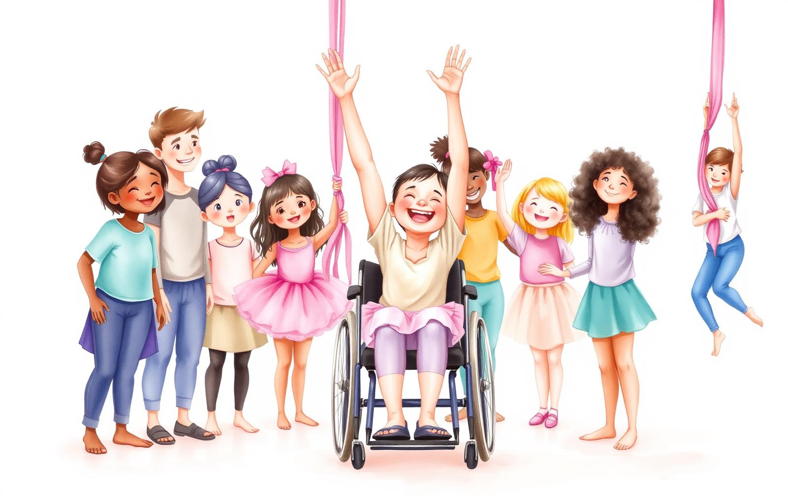 Watercolor illustration of a joyful inclusive group of children including a child in a wheelchair