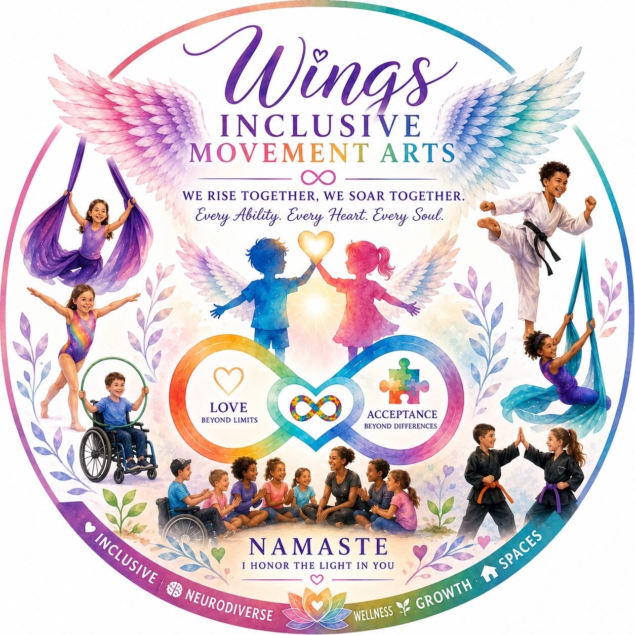 Wings Inclusive Movement Arts brand mark — children of all abilities moving together with rainbow wings