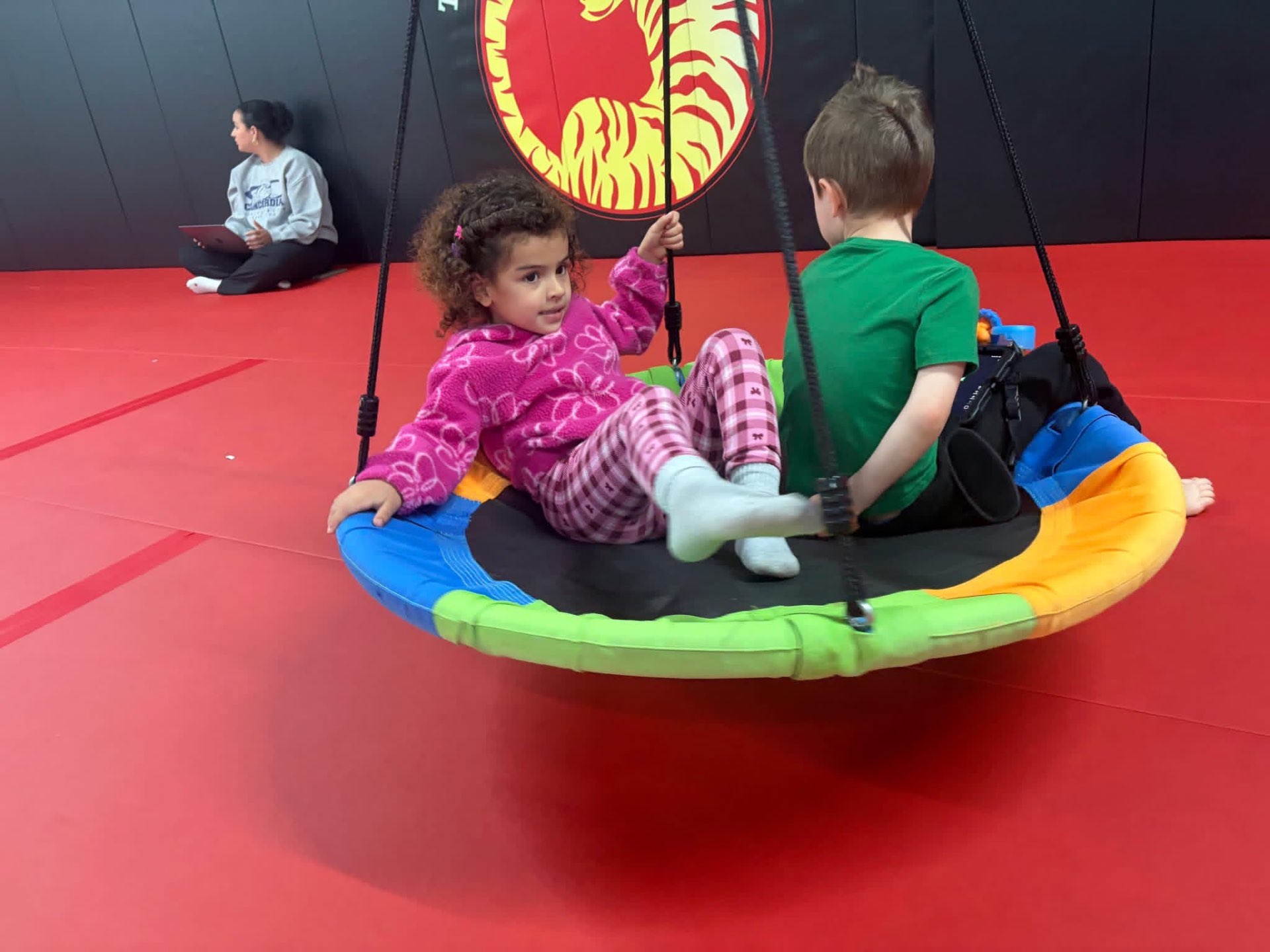 Two children sharing a sensory swing